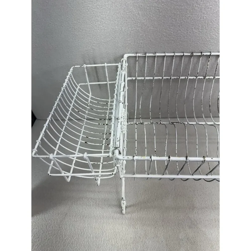 French Style Dish Rack White Wire Metal Farmhouse Counter Drying Rack VTG - Picture 11 of 13